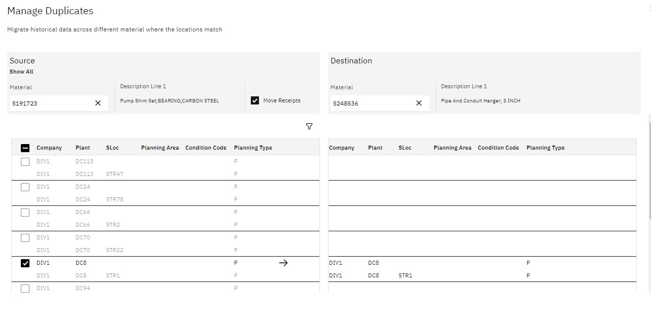 Manage duplicates: move the usage history of one material onto another, by location.