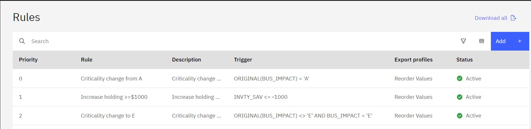 The rules that send a change to approval: criticality change from A, holding increase of $1,000 or more, criticality change to E.