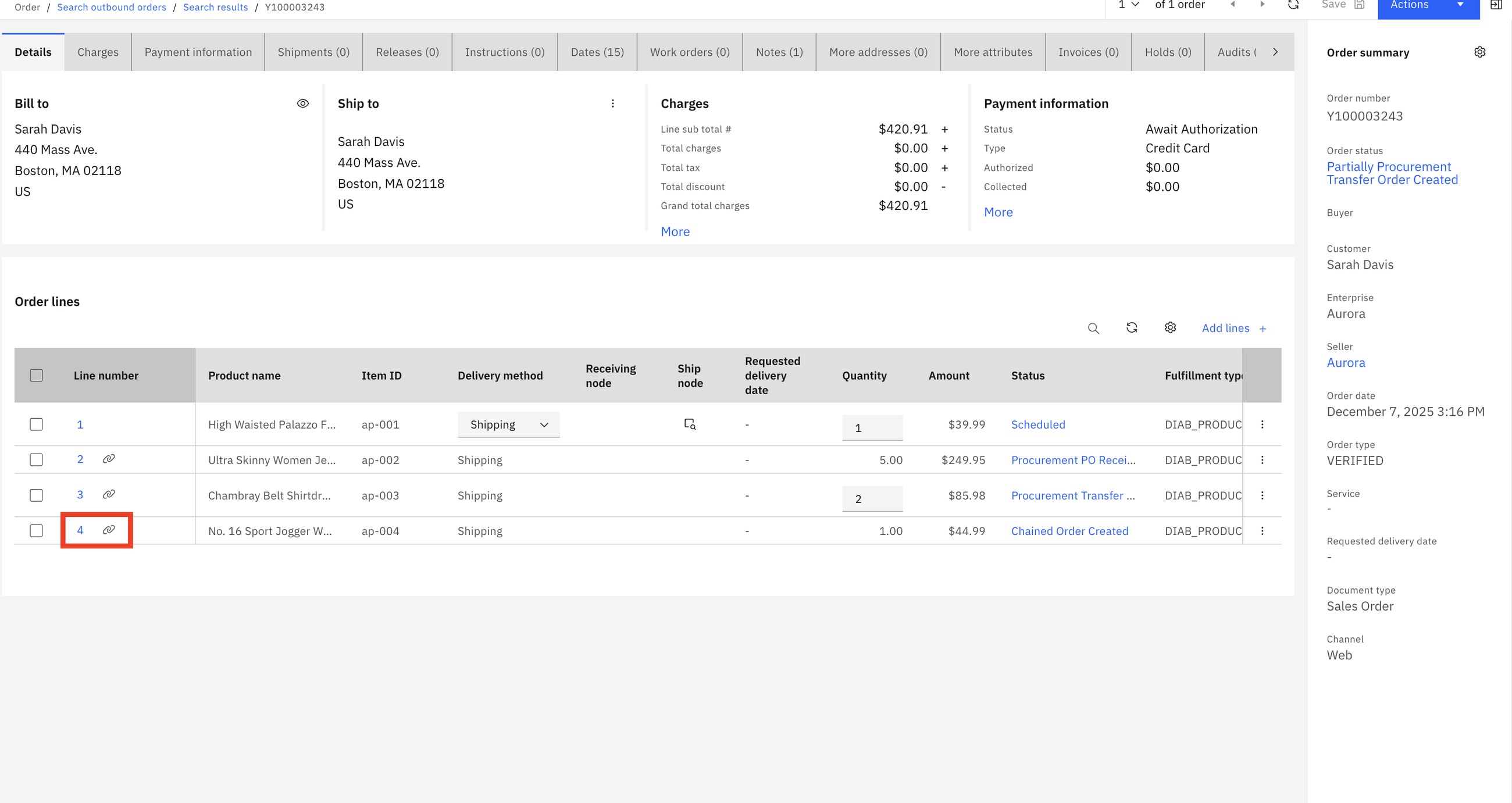 Later: line 2 shows 'Procurement PO Received'. The chain icon on each line links to the order created for it.