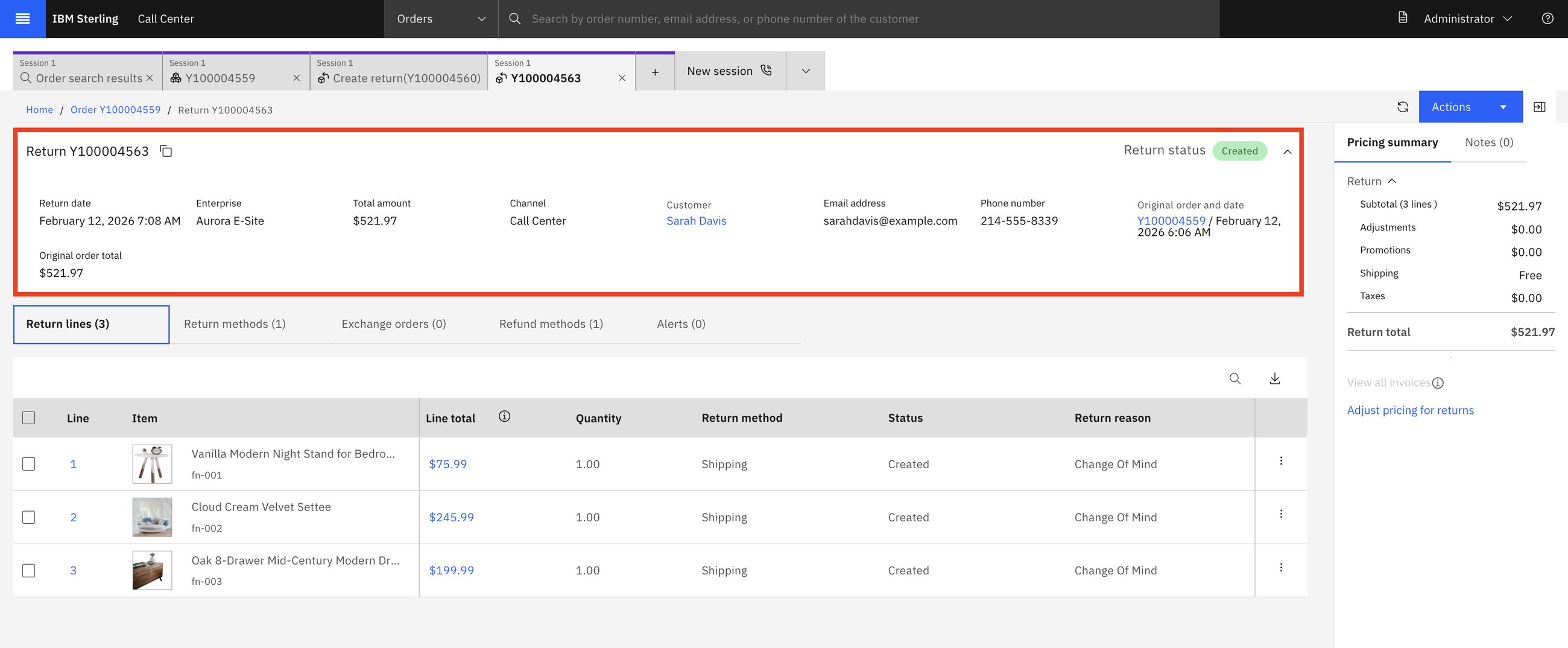 Return Y100004563 created for $521.97, linked to the original order, with return and refund methods.