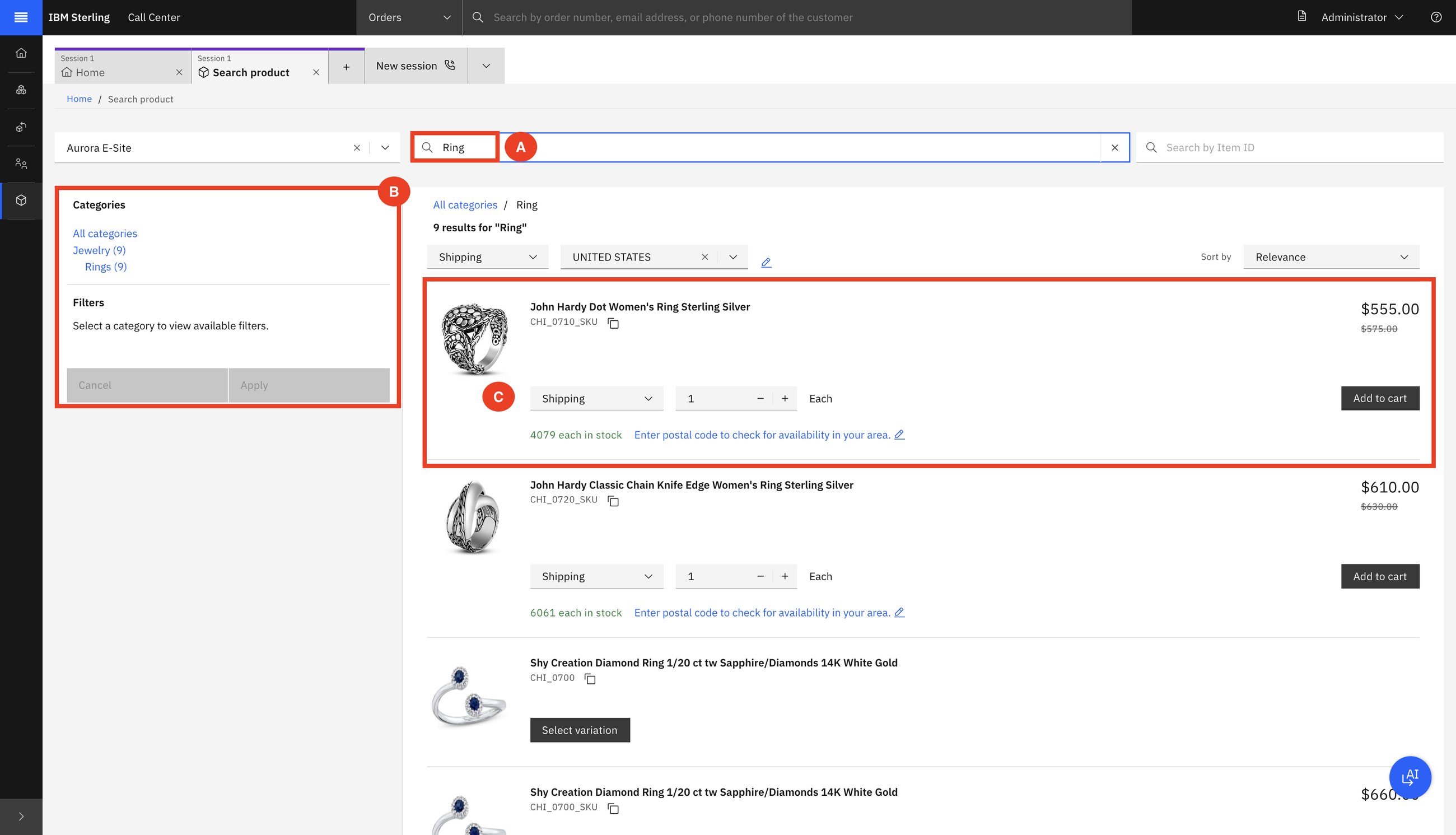 Anaya searches 'Ring': 9 results with price, promotion price and live stock for the chosen delivery method.