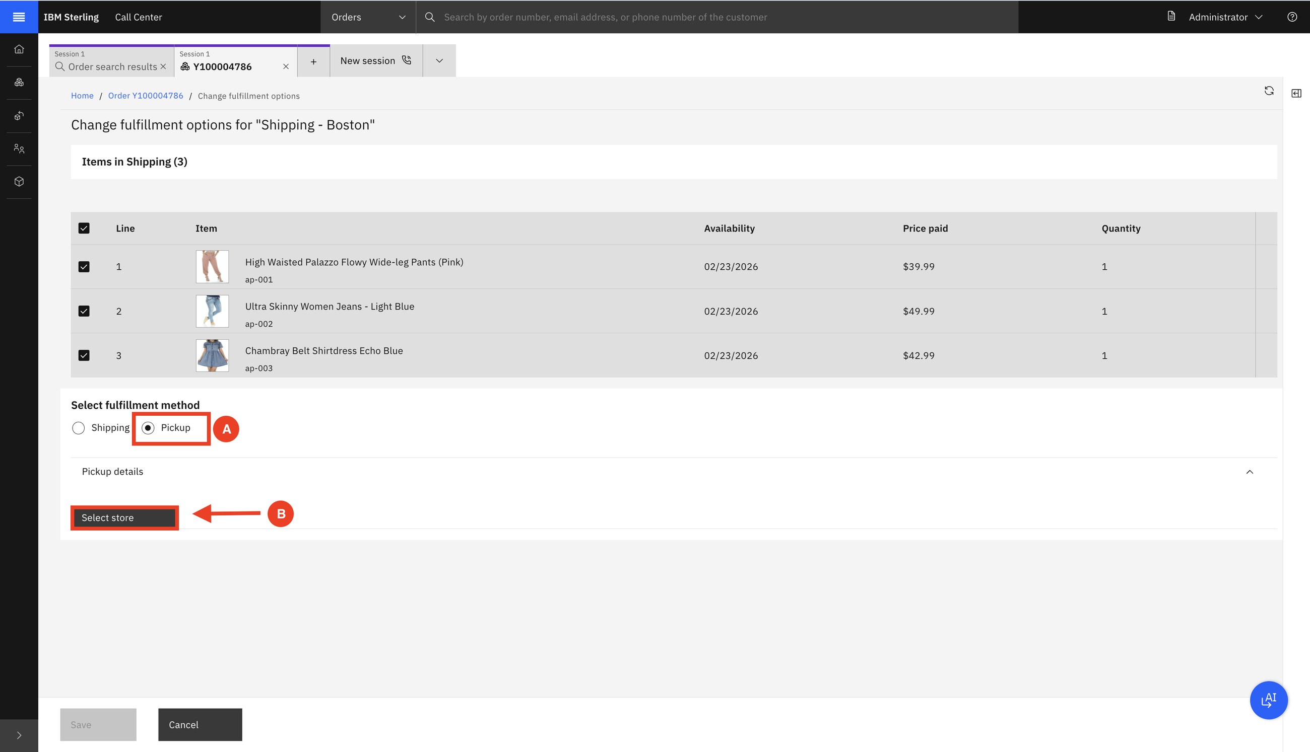 Change fulfilment options: Anaya switches the three lines from Shipping to Pickup and selects a store.