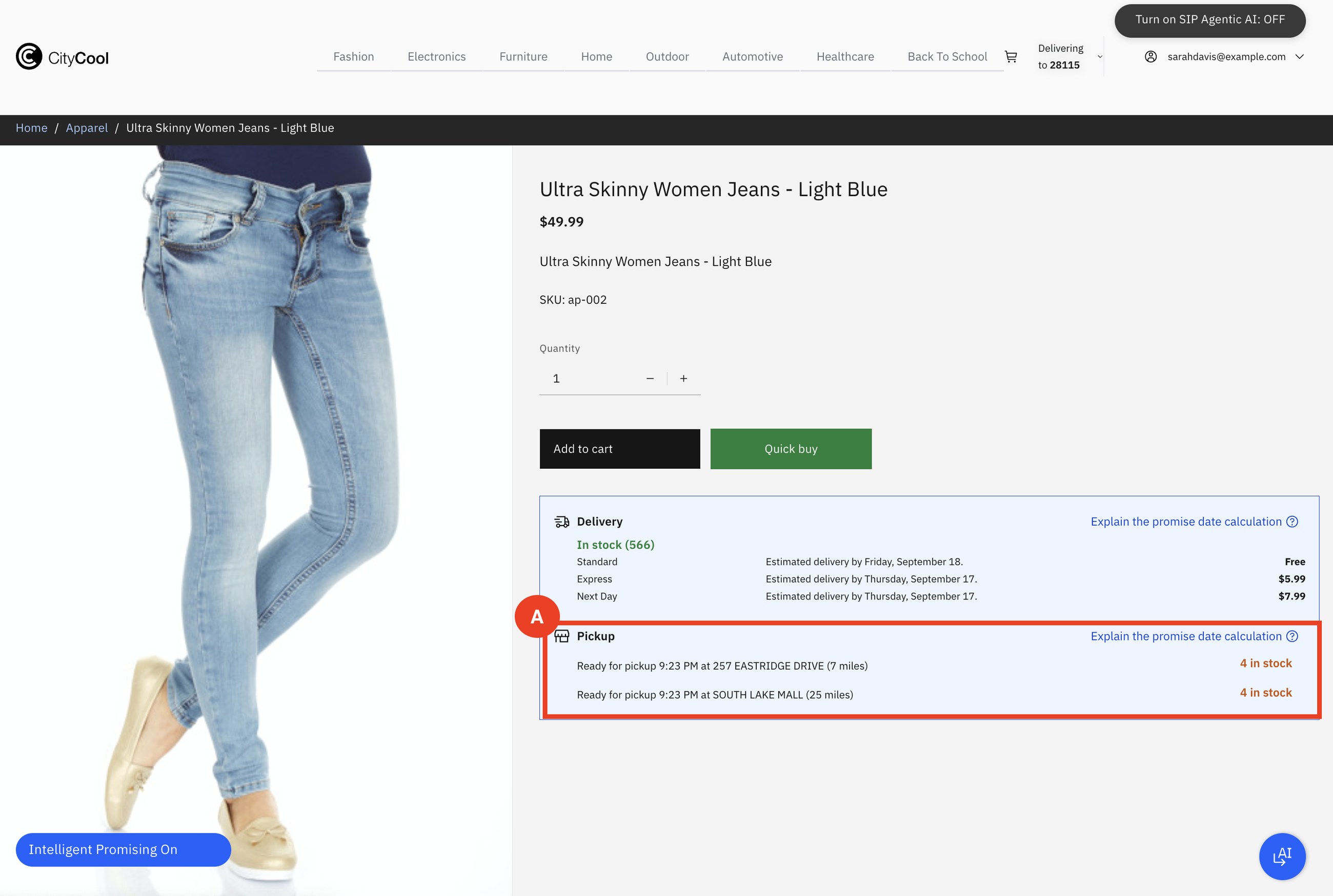 The same page a moment later: pickup now shows 4 in stock at each store.