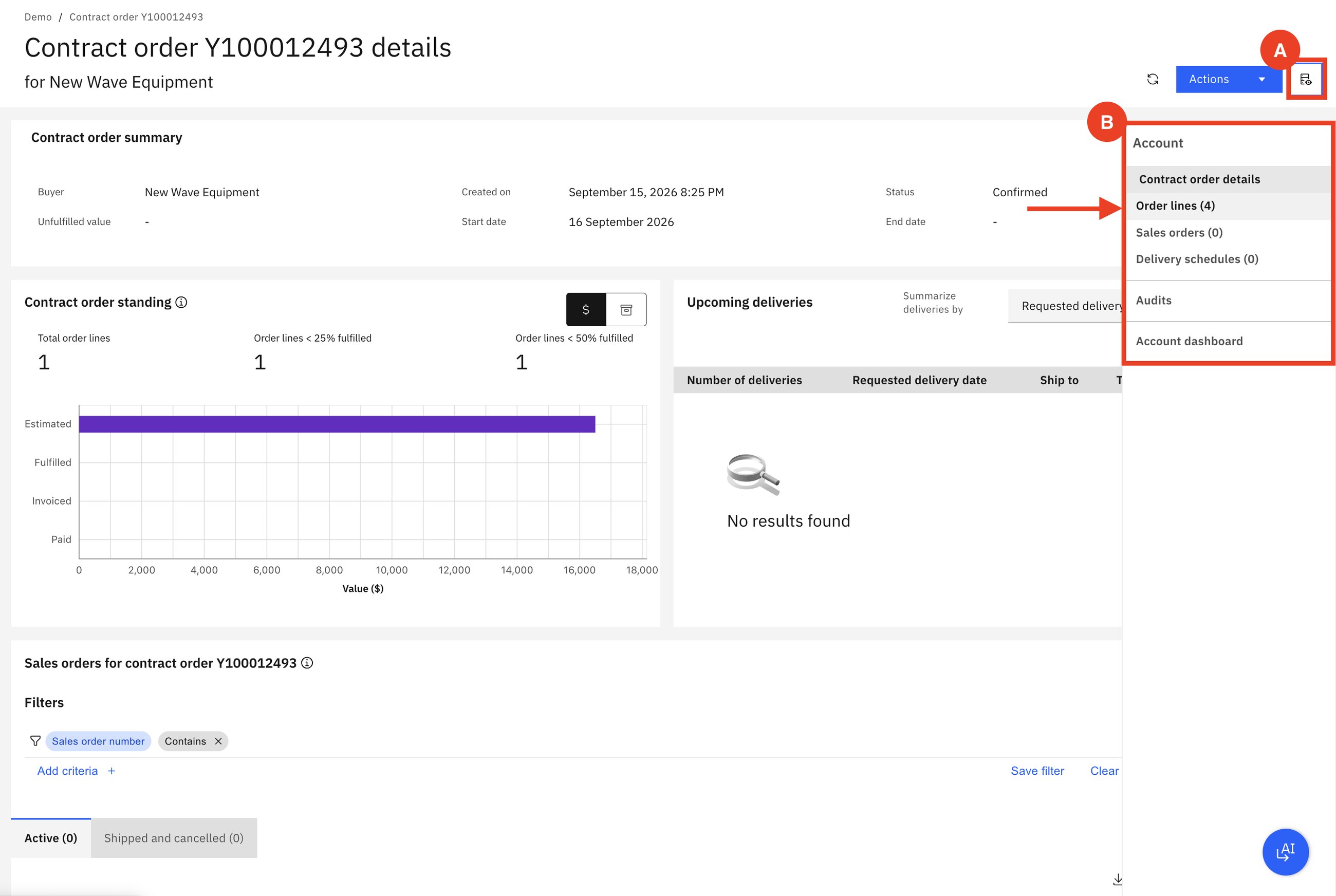 Contract order Y100012493: the contract's standing, and a menu to its order lines, sales orders, delivery schedules and audits.
