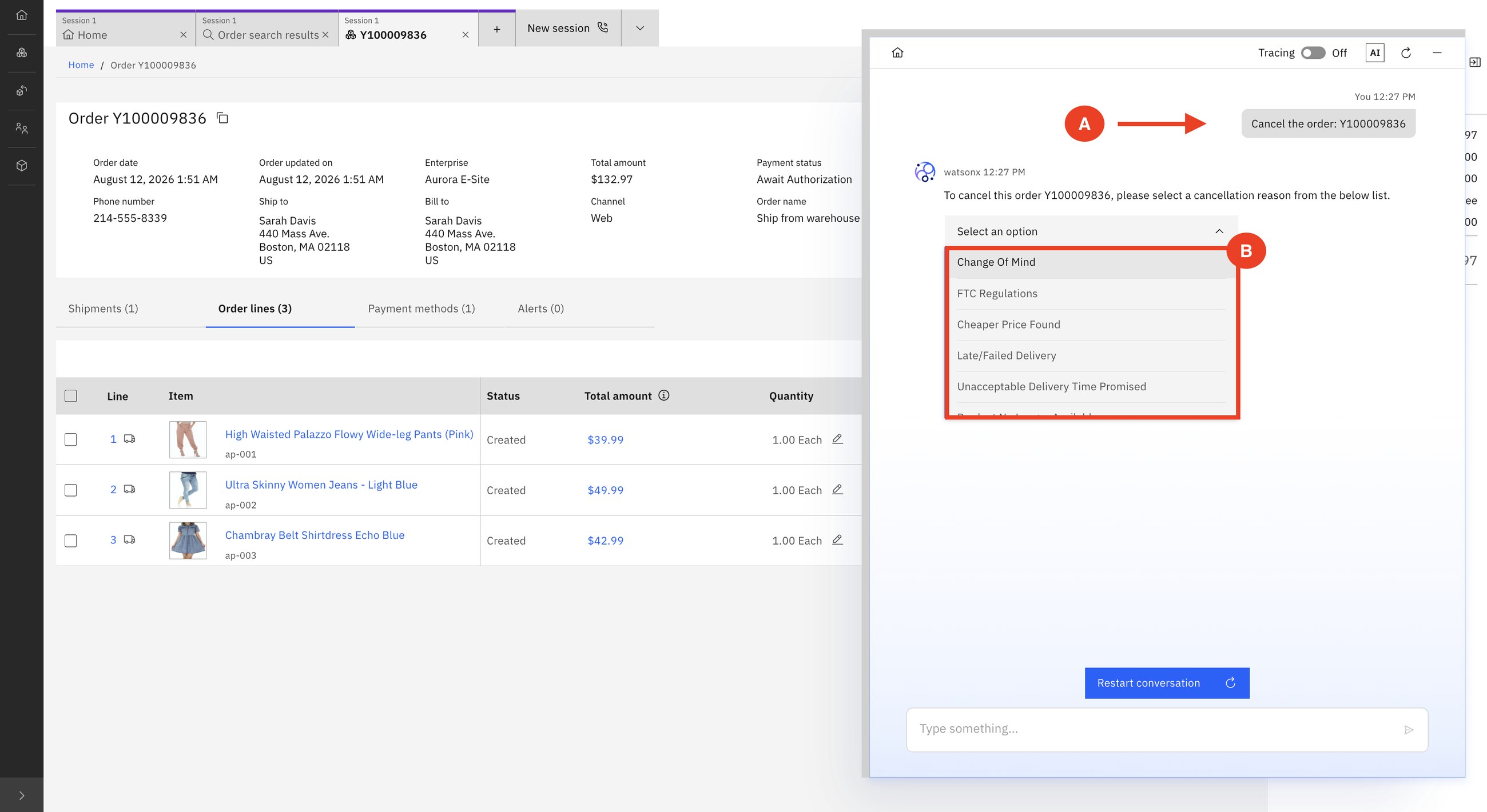 'Cancel the order': the assistant replies with the valid cancellation reasons for this order.
