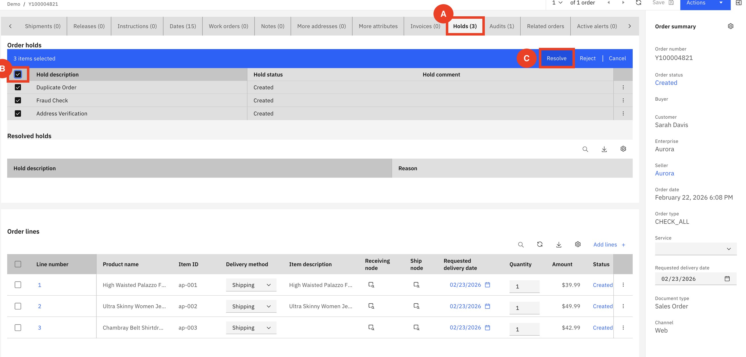 Order Y100004821 with three holds: Duplicate Order, Fraud Check and Address Verification.